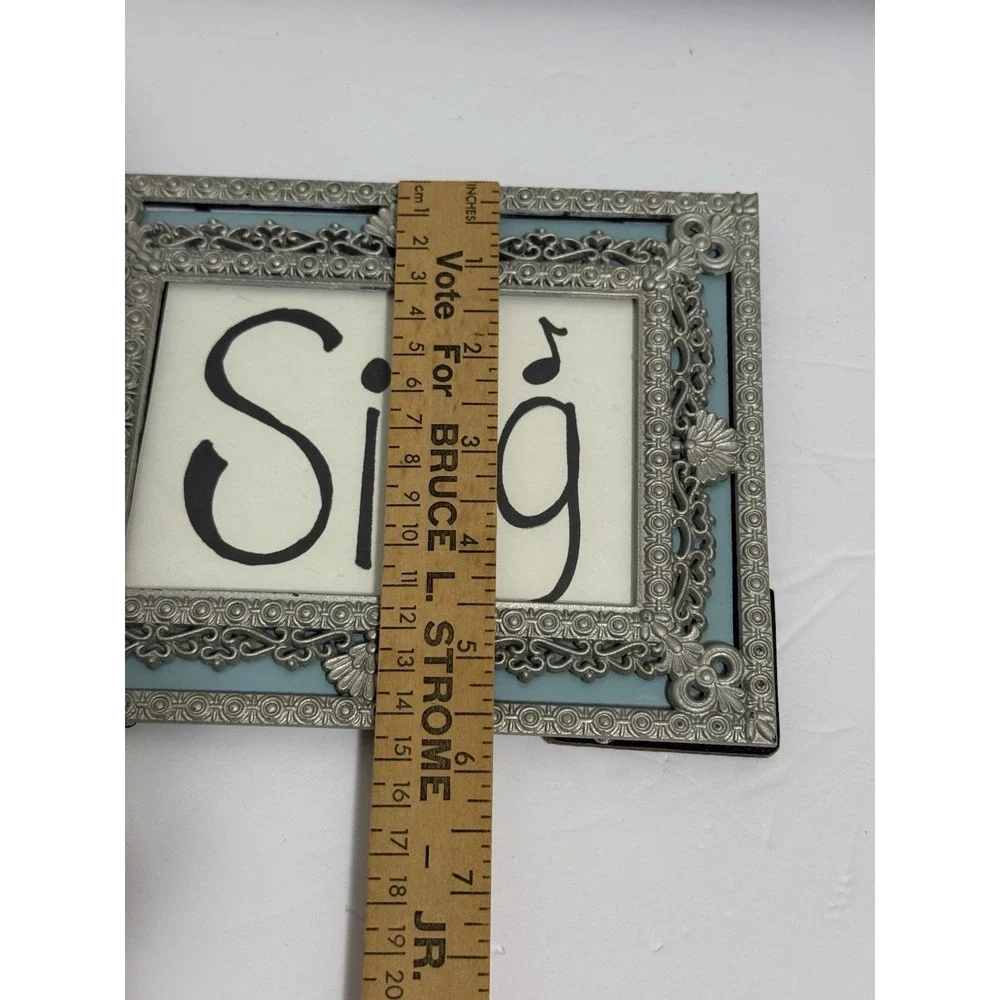 Vintage Ornate Metal Photo Frame With Blue Mat 5x7 
